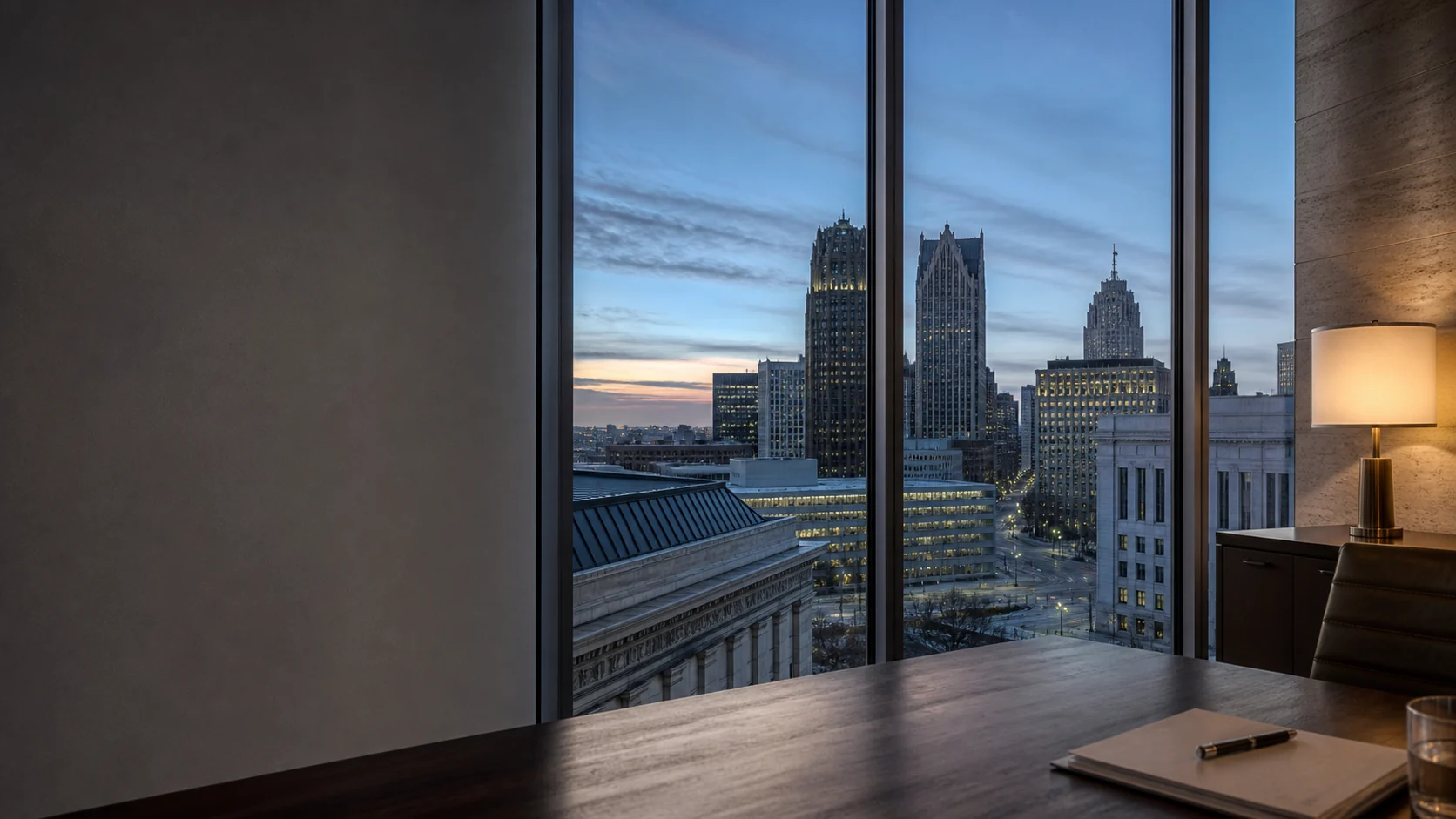 Detroit skyline seen from a professional office at dawn