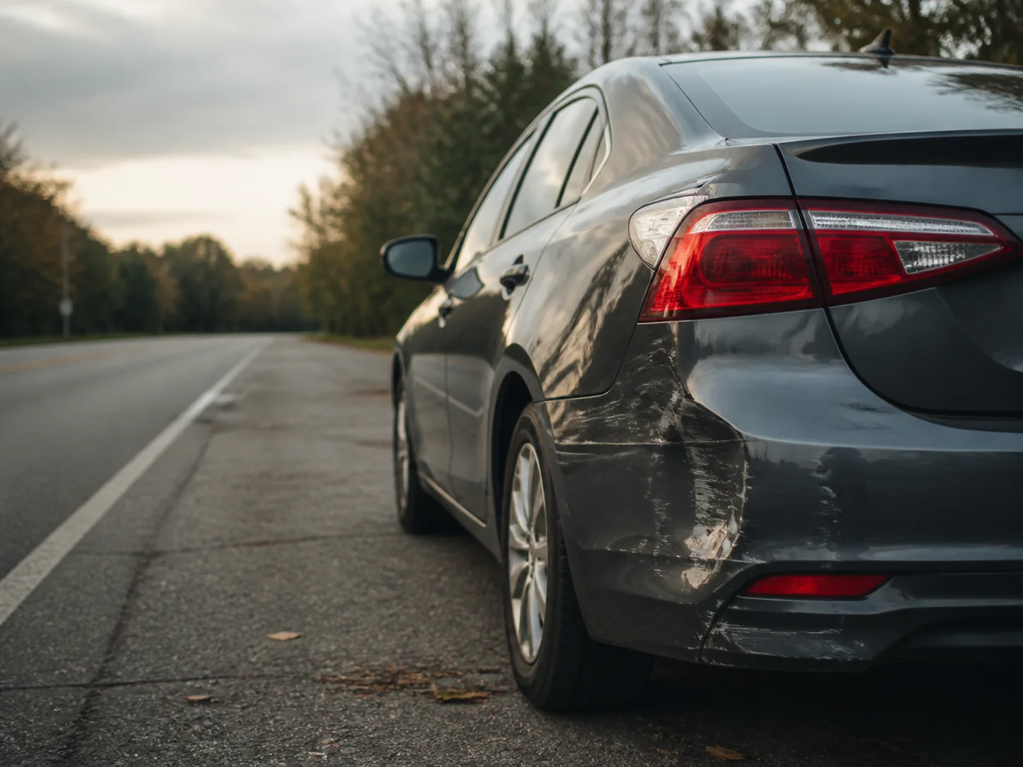 A vehicle with minor collision damage on a roadside