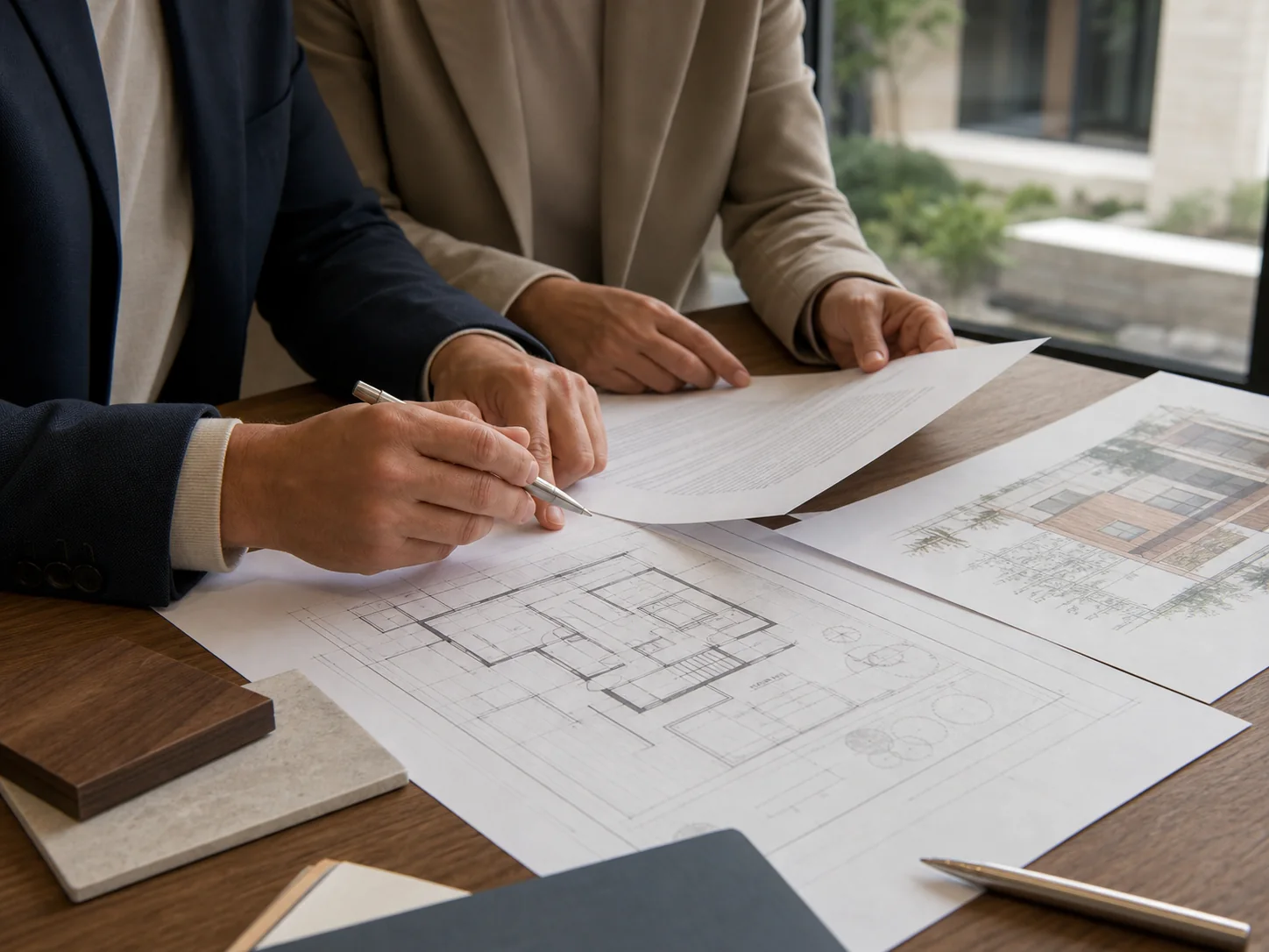 Professionals reviewing building plans and an agreement